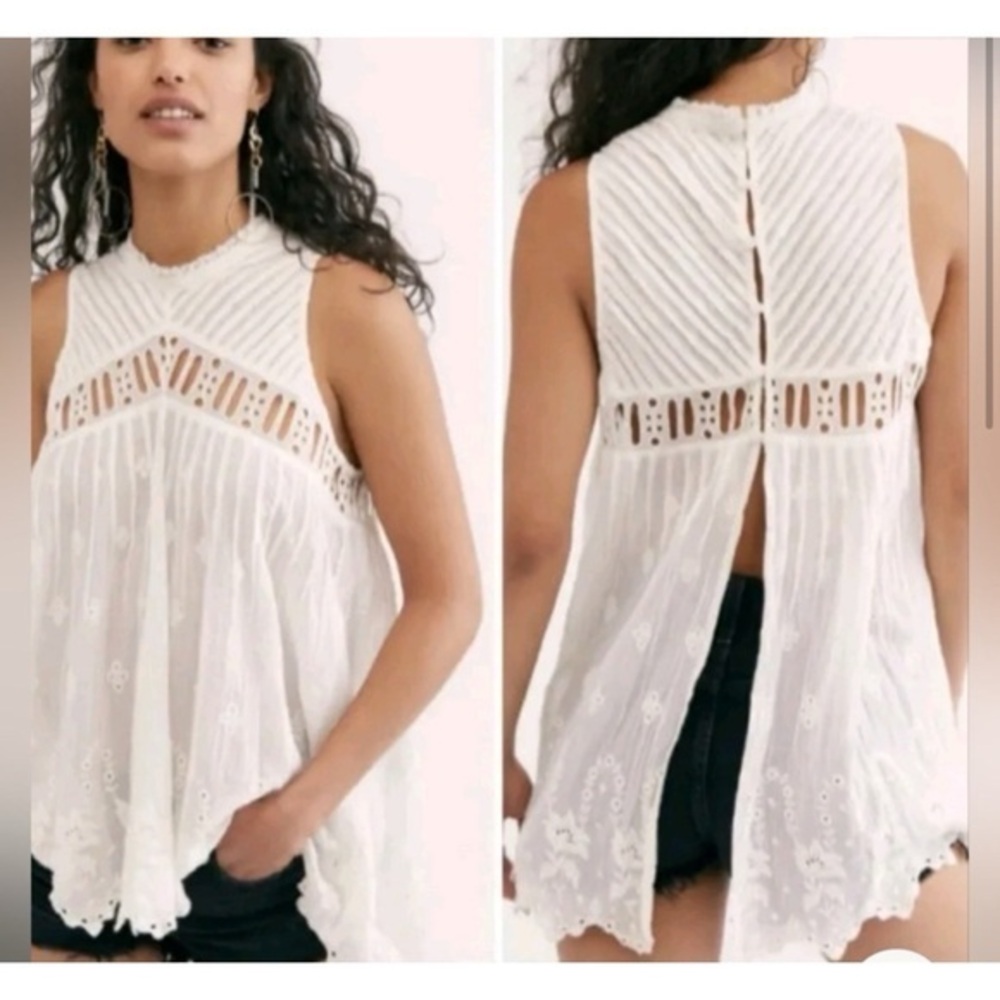 Free People FP One Women's White Eyelet Button Back Eloise Tunic Top GUC #S #933